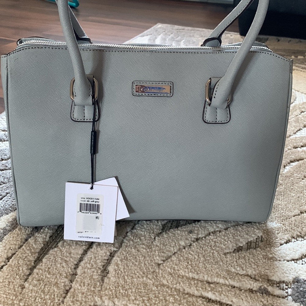 Calvin Klein Light Gray Saffiano Satchel